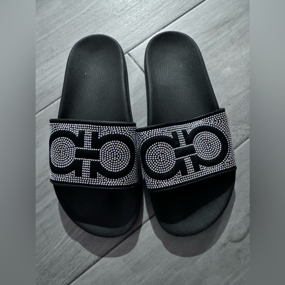 Salvatore Ferragamo Shoes - Ferragamo Black Studded Slides Logo Sandals Chic Summer Designer